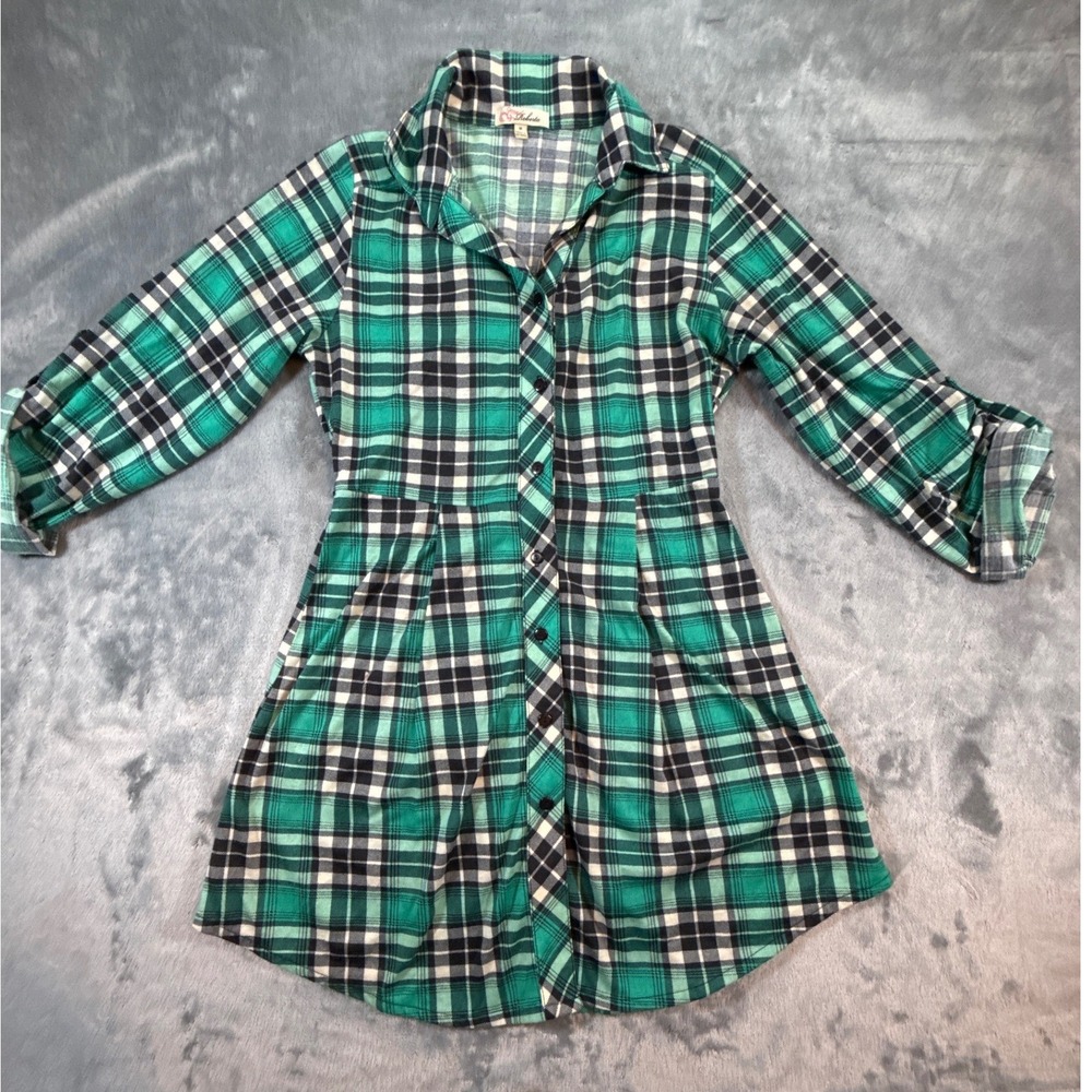 Roberta Green Black Plaid Button Up Shirt Dress 3/4 Roll Tab Sleeve Med Grunge
